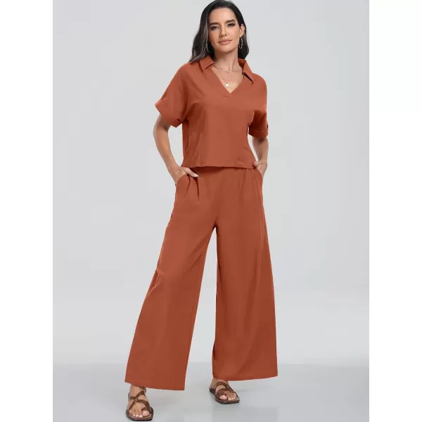 imageANRABESS Womens 2 Piece Outfits Lounge Sets 2024 Summer Short Sleeve V Neck Crop Top Wide Leg Pants Casual Resort WearRust