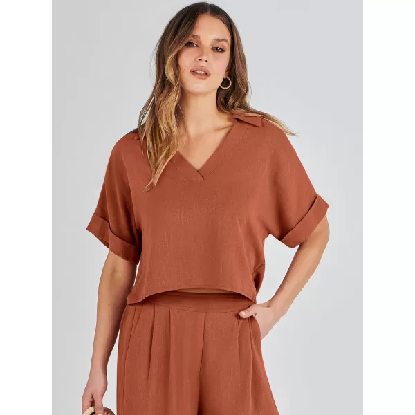 imageANRABESS Womens 2 Piece Outfits Lounge Sets 2024 Summer Short Sleeve V Neck Crop Top Wide Leg Pants Casual Resort WearRust