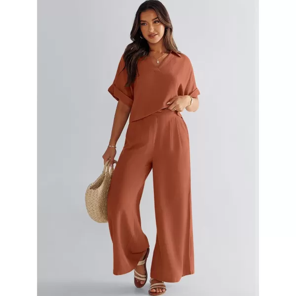 imageANRABESS Womens 2 Piece Outfits Lounge Sets 2024 Summer Short Sleeve V Neck Crop Top Wide Leg Pants Casual Resort WearRust