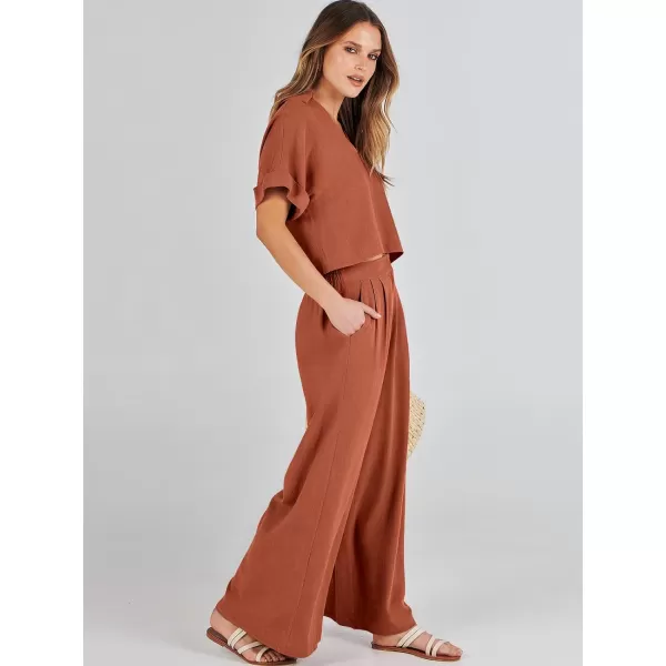 imageANRABESS Womens 2 Piece Outfits Lounge Sets 2024 Summer Short Sleeve V Neck Crop Top Wide Leg Pants Casual Resort WearRust