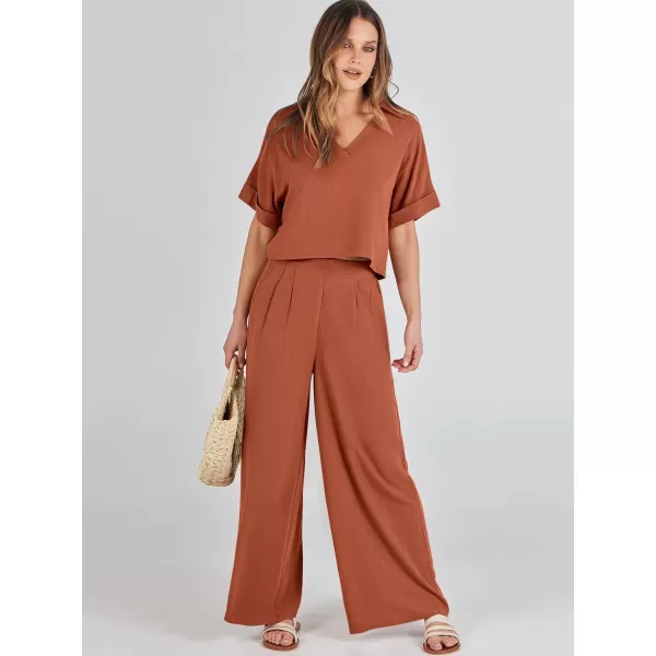 imageANRABESS Womens 2 Piece Outfits Lounge Sets 2024 Summer Short Sleeve V Neck Crop Top Wide Leg Pants Casual Resort WearRust