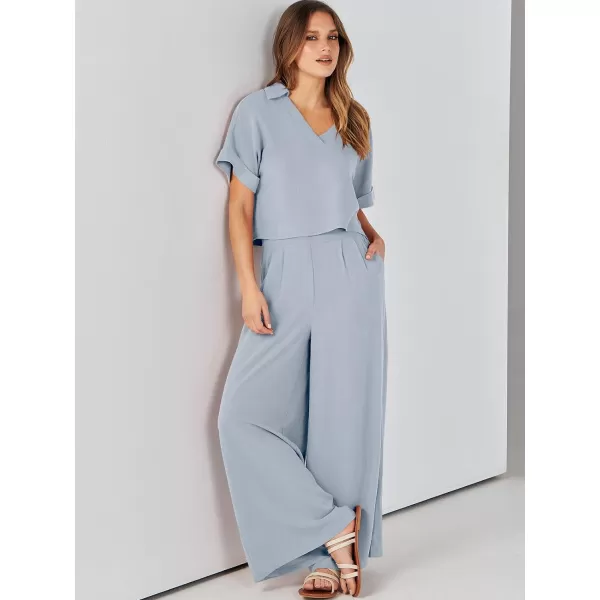 imageANRABESS Womens 2 Piece Outfits Lounge Sets 2024 Summer Short Sleeve V Neck Crop Top Wide Leg Pants Casual Resort WearSky