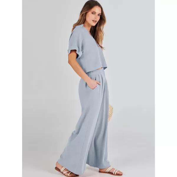 imageANRABESS Womens 2 Piece Outfits Lounge Sets 2024 Summer Short Sleeve V Neck Crop Top Wide Leg Pants Casual Resort WearSky