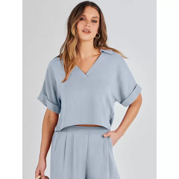 imageANRABESS Womens 2 Piece Outfits Lounge Sets 2024 Summer Short Sleeve V Neck Crop Top Wide Leg Pants Casual Resort WearSky
