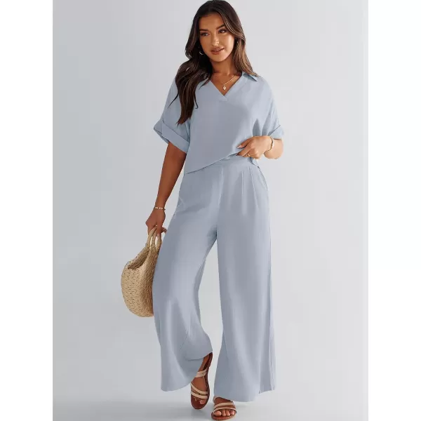 imageANRABESS Womens 2 Piece Outfits Lounge Sets 2024 Summer Short Sleeve V Neck Crop Top Wide Leg Pants Casual Resort WearSky
