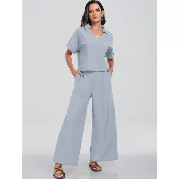 imageANRABESS Womens 2 Piece Outfits Lounge Sets 2024 Summer Short Sleeve V Neck Crop Top Wide Leg Pants Casual Resort WearSky