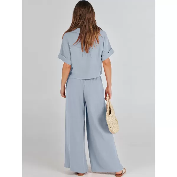 imageANRABESS Womens 2 Piece Outfits Lounge Sets 2024 Summer Short Sleeve V Neck Crop Top Wide Leg Pants Casual Resort WearSky