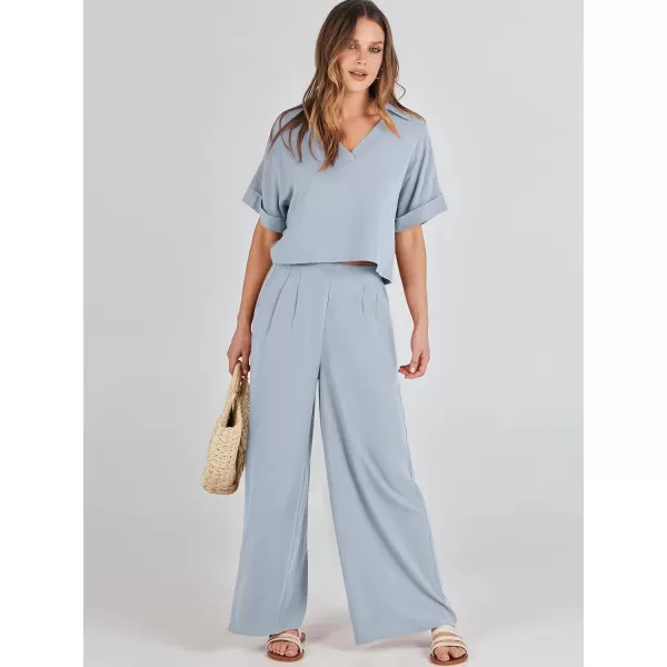 imageANRABESS Womens 2 Piece Outfits Lounge Sets 2024 Summer Short Sleeve V Neck Crop Top Wide Leg Pants Casual Resort WearSky