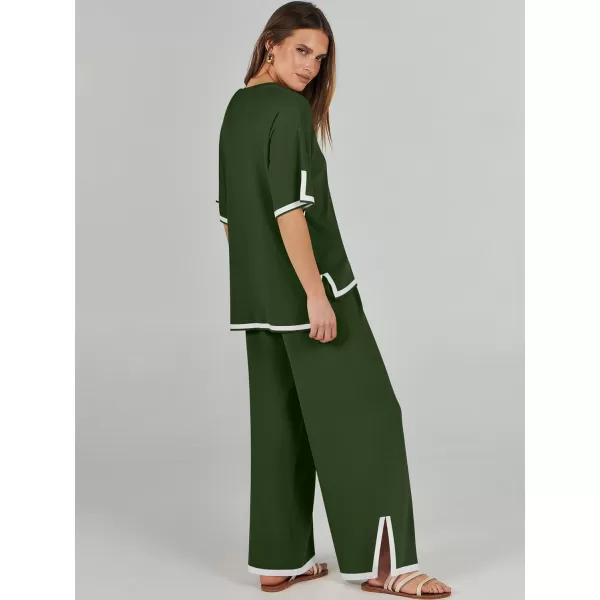 imageANRABESS Womens 2 Piece Outfits Lounge Sets Short Sleeve Pullover Sweater Sets Wide leg Loose Casual Comfy Pajama SetsArmy Green