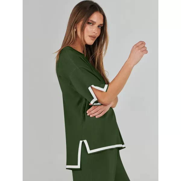 imageANRABESS Womens 2 Piece Outfits Lounge Sets Short Sleeve Pullover Sweater Sets Wide leg Loose Casual Comfy Pajama SetsArmy Green