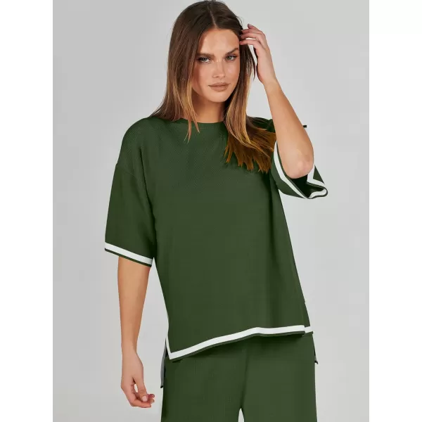 imageANRABESS Womens 2 Piece Outfits Lounge Sets Short Sleeve Pullover Sweater Sets Wide leg Loose Casual Comfy Pajama SetsArmy Green