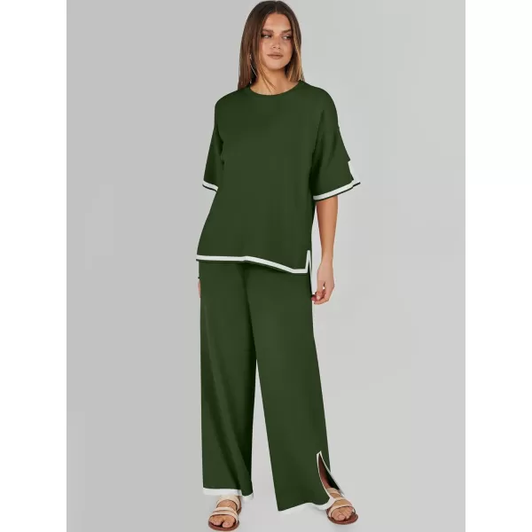 imageANRABESS Womens 2 Piece Outfits Lounge Sets Short Sleeve Pullover Sweater Sets Wide leg Loose Casual Comfy Pajama SetsArmy Green