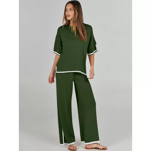 imageANRABESS Womens 2 Piece Outfits Lounge Sets Short Sleeve Pullover Sweater Sets Wide leg Loose Casual Comfy Pajama SetsArmy Green