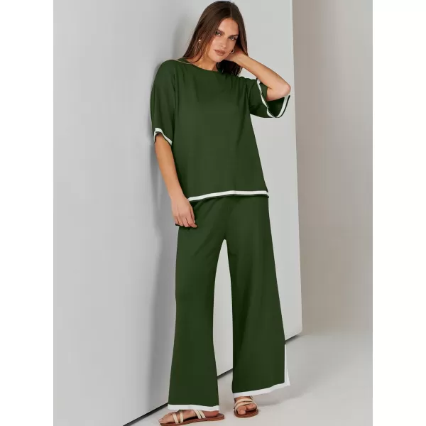 imageANRABESS Womens 2 Piece Outfits Lounge Sets Short Sleeve Pullover Sweater Sets Wide leg Loose Casual Comfy Pajama SetsArmy Green