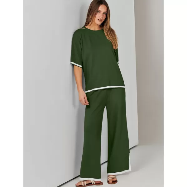 imageANRABESS Womens 2 Piece Outfits Lounge Sets Short Sleeve Pullover Sweater Sets Wide leg Loose Casual Comfy Pajama SetsArmy Green