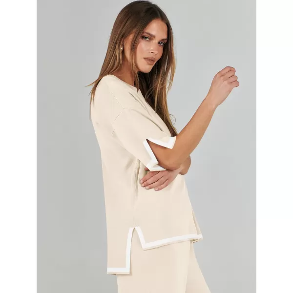 imageANRABESS Womens 2 Piece Outfits Lounge Sets Short Sleeve Pullover Sweater Sets Wide leg Loose Casual Comfy Pajama SetsBeige