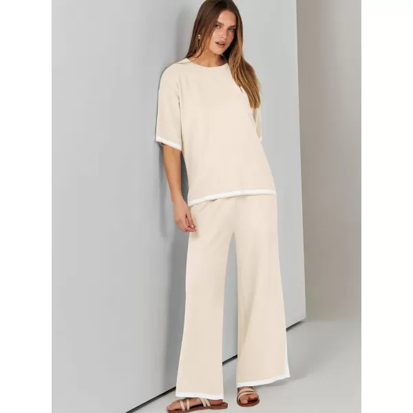 imageANRABESS Womens 2 Piece Outfits Lounge Sets Short Sleeve Pullover Sweater Sets Wide leg Loose Casual Comfy Pajama SetsBeige