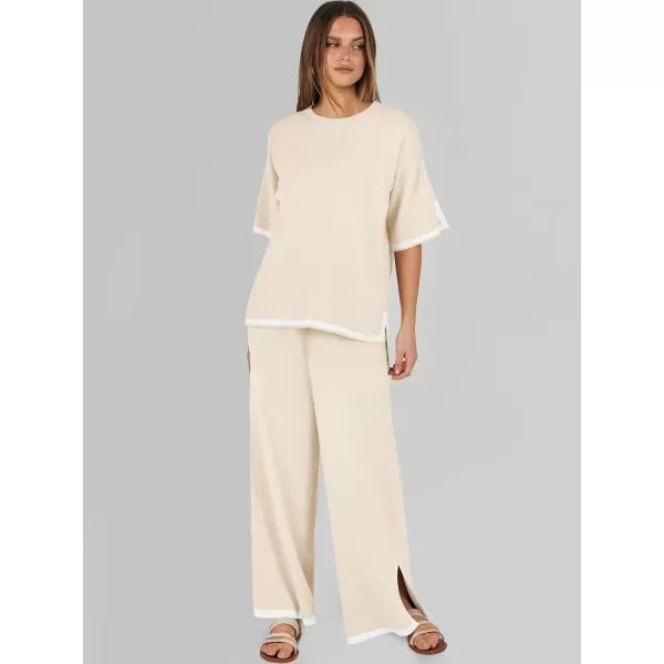 imageANRABESS Womens 2 Piece Outfits Lounge Sets Short Sleeve Pullover Sweater Sets Wide leg Loose Casual Comfy Pajama SetsBeige