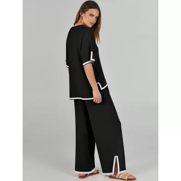 imageANRABESS Womens 2 Piece Outfits Lounge Sets Short Sleeve Pullover Sweater Sets Wide leg Loose Casual Comfy Pajama SetsBlack