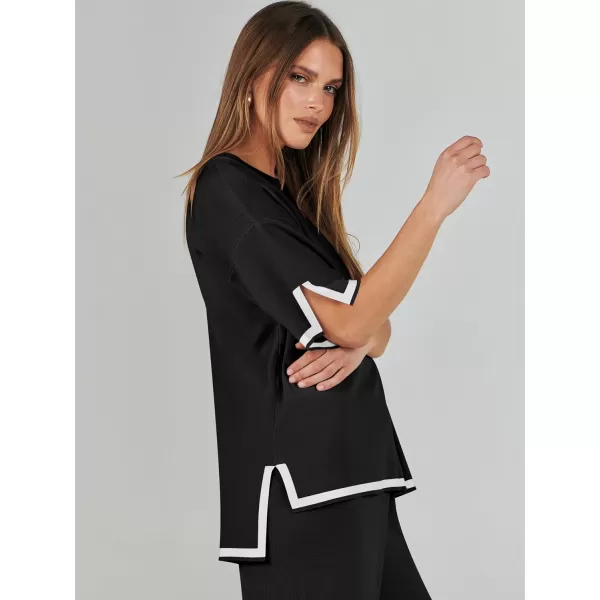 imageANRABESS Womens 2 Piece Outfits Lounge Sets Short Sleeve Pullover Sweater Sets Wide leg Loose Casual Comfy Pajama SetsBlack