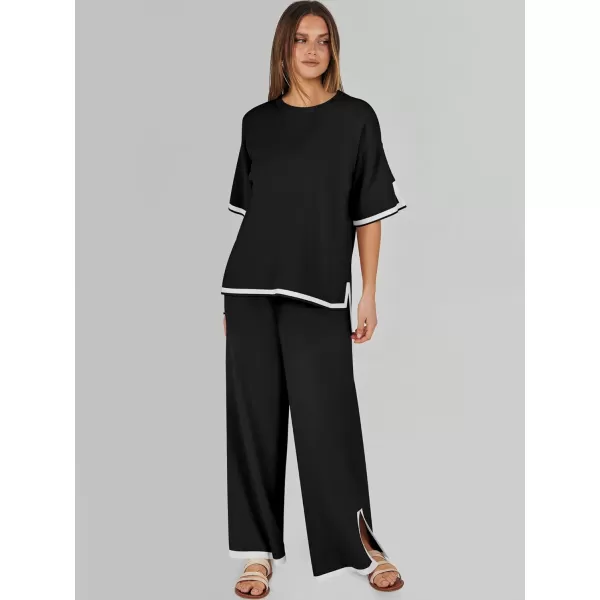imageANRABESS Womens 2 Piece Outfits Lounge Sets Short Sleeve Pullover Sweater Sets Wide leg Loose Casual Comfy Pajama SetsBlack