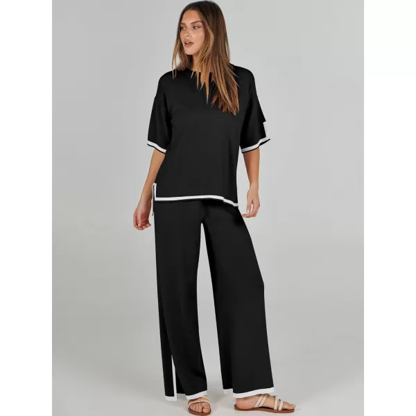 imageANRABESS Womens 2 Piece Outfits Lounge Sets Short Sleeve Pullover Sweater Sets Wide leg Loose Casual Comfy Pajama SetsBlack