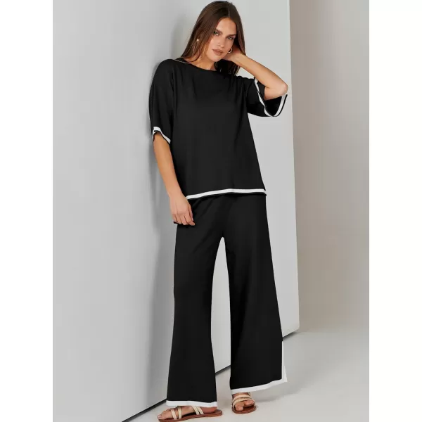 imageANRABESS Womens 2 Piece Outfits Lounge Sets Short Sleeve Pullover Sweater Sets Wide leg Loose Casual Comfy Pajama SetsBlack
