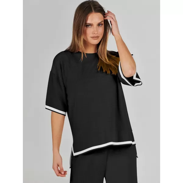 imageANRABESS Womens 2 Piece Outfits Lounge Sets Short Sleeve Pullover Sweater Sets Wide leg Loose Casual Comfy Pajama SetsBlack