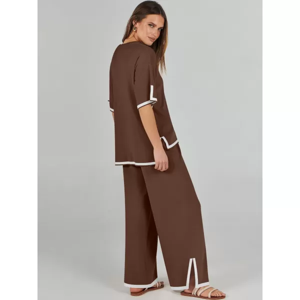 imageANRABESS Womens 2 Piece Outfits Lounge Sets Short Sleeve Pullover Sweater Sets Wide leg Loose Casual Comfy Pajama SetsBrown