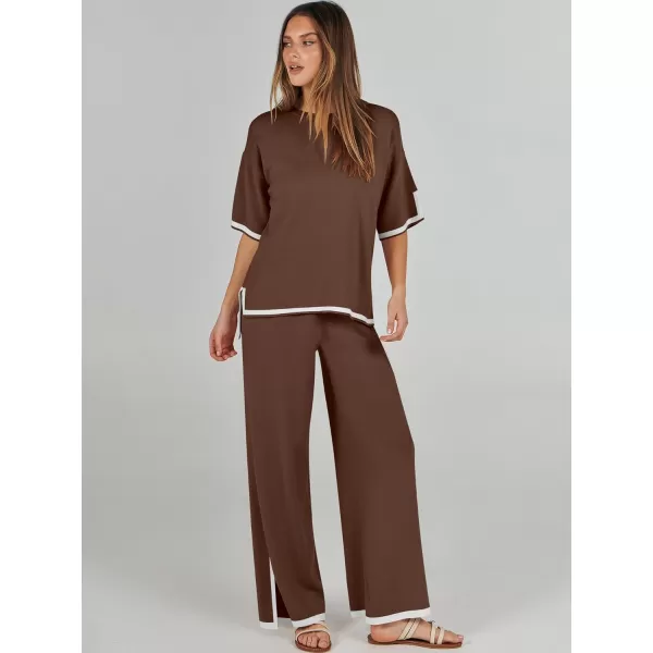 imageANRABESS Womens 2 Piece Outfits Lounge Sets Short Sleeve Pullover Sweater Sets Wide leg Loose Casual Comfy Pajama SetsBrown