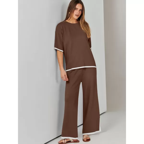 imageANRABESS Womens 2 Piece Outfits Lounge Sets Short Sleeve Pullover Sweater Sets Wide leg Loose Casual Comfy Pajama SetsBrown