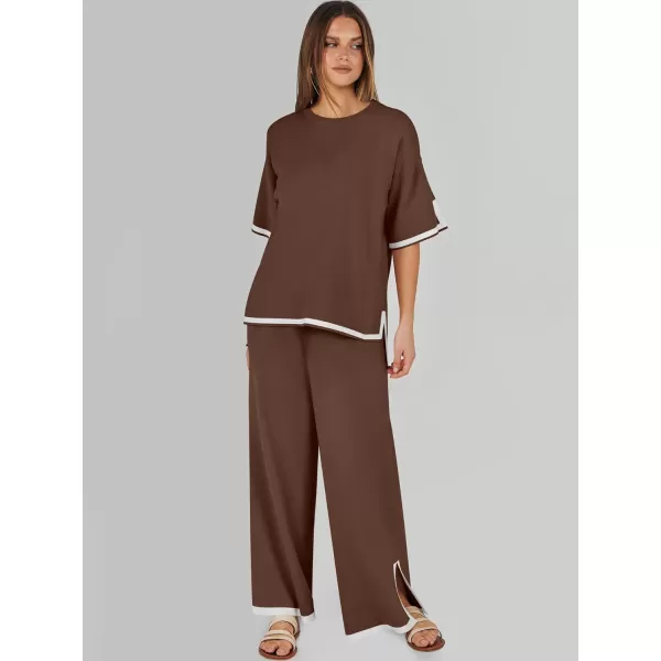 imageANRABESS Womens 2 Piece Outfits Lounge Sets Short Sleeve Pullover Sweater Sets Wide leg Loose Casual Comfy Pajama SetsBrown