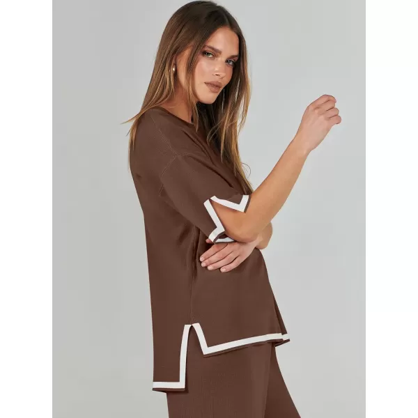 imageANRABESS Womens 2 Piece Outfits Lounge Sets Short Sleeve Pullover Sweater Sets Wide leg Loose Casual Comfy Pajama SetsBrown