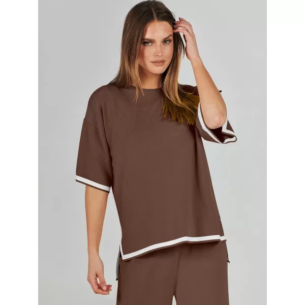 imageANRABESS Womens 2 Piece Outfits Lounge Sets Short Sleeve Pullover Sweater Sets Wide leg Loose Casual Comfy Pajama SetsBrown