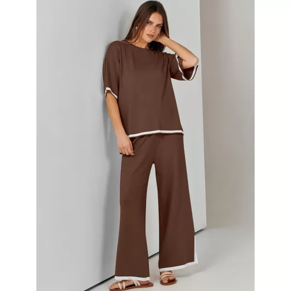 imageANRABESS Womens 2 Piece Outfits Lounge Sets Short Sleeve Pullover Sweater Sets Wide leg Loose Casual Comfy Pajama SetsBrown