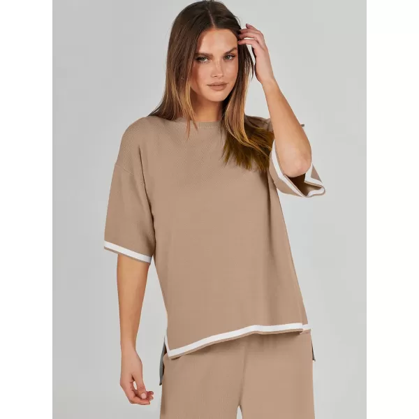 imageANRABESS Womens 2 Piece Outfits Lounge Sets Short Sleeve Pullover Sweater Sets Wide leg Loose Casual Comfy Pajama SetsDeep Apricot