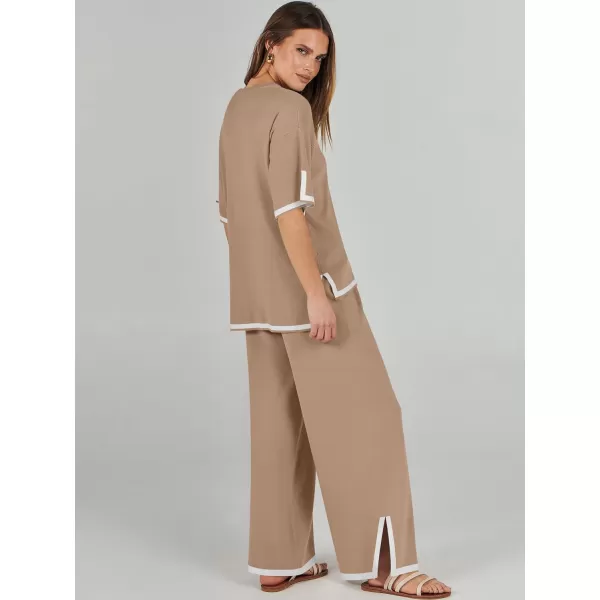 imageANRABESS Womens 2 Piece Outfits Lounge Sets Short Sleeve Pullover Sweater Sets Wide leg Loose Casual Comfy Pajama SetsDeep Apricot