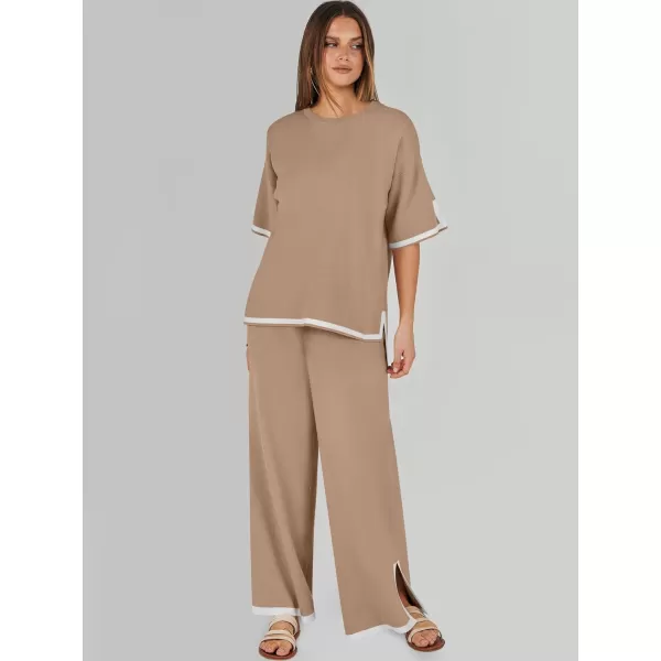 imageANRABESS Womens 2 Piece Outfits Lounge Sets Short Sleeve Pullover Sweater Sets Wide leg Loose Casual Comfy Pajama SetsDeep Apricot