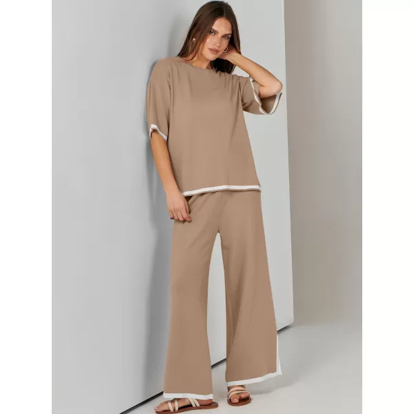 imageANRABESS Womens 2 Piece Outfits Lounge Sets Short Sleeve Pullover Sweater Sets Wide leg Loose Casual Comfy Pajama SetsDeep Apricot