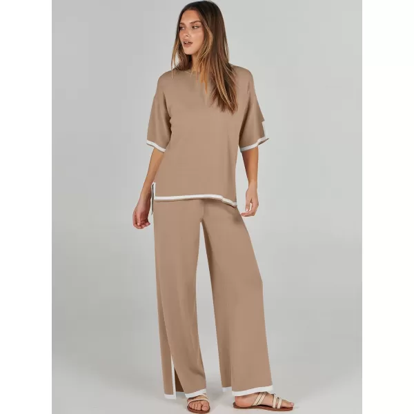 imageANRABESS Womens 2 Piece Outfits Lounge Sets Short Sleeve Pullover Sweater Sets Wide leg Loose Casual Comfy Pajama SetsDeep Apricot
