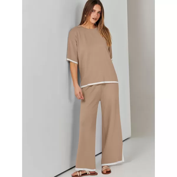 imageANRABESS Womens 2 Piece Outfits Lounge Sets Short Sleeve Pullover Sweater Sets Wide leg Loose Casual Comfy Pajama SetsDeep Apricot