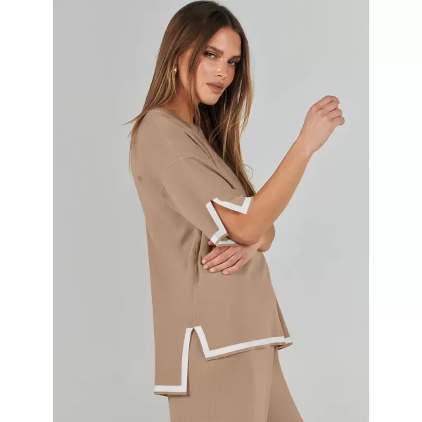 imageANRABESS Womens 2 Piece Outfits Lounge Sets Short Sleeve Pullover Sweater Sets Wide leg Loose Casual Comfy Pajama SetsDeep Apricot