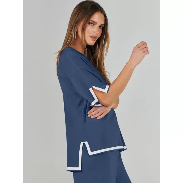 imageANRABESS Womens 2 Piece Outfits Lounge Sets Short Sleeve Pullover Sweater Sets Wide leg Loose Casual Comfy Pajama SetsNavy Blue
