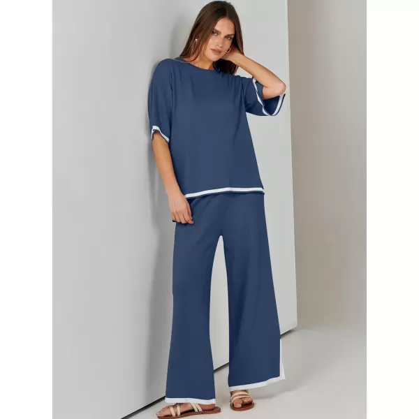 imageANRABESS Womens 2 Piece Outfits Lounge Sets Short Sleeve Pullover Sweater Sets Wide leg Loose Casual Comfy Pajama SetsNavy Blue