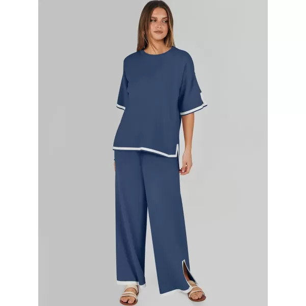 imageANRABESS Womens 2 Piece Outfits Lounge Sets Short Sleeve Pullover Sweater Sets Wide leg Loose Casual Comfy Pajama SetsNavy Blue