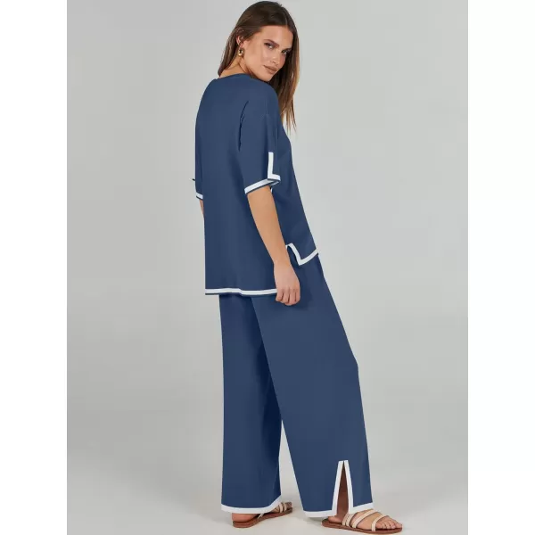 imageANRABESS Womens 2 Piece Outfits Lounge Sets Short Sleeve Pullover Sweater Sets Wide leg Loose Casual Comfy Pajama SetsNavy Blue