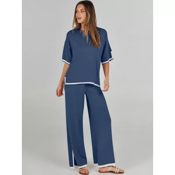 imageANRABESS Womens 2 Piece Outfits Lounge Sets Short Sleeve Pullover Sweater Sets Wide leg Loose Casual Comfy Pajama SetsNavy Blue
