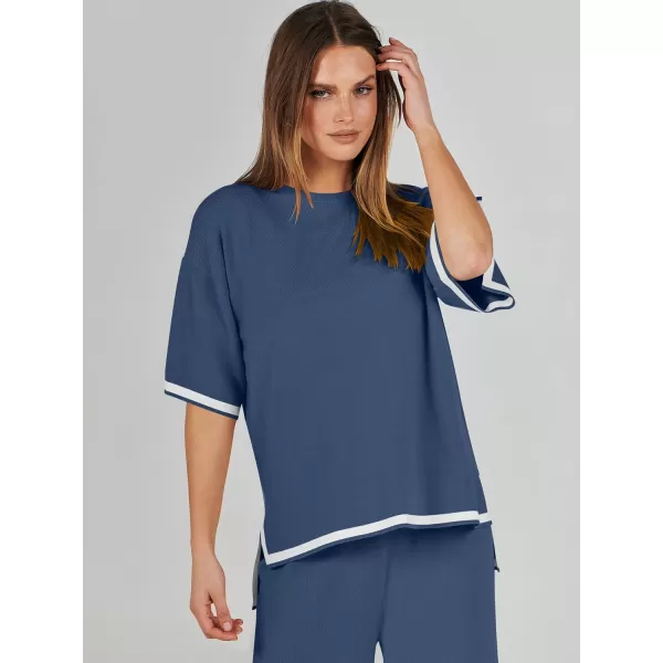 imageANRABESS Womens 2 Piece Outfits Lounge Sets Short Sleeve Pullover Sweater Sets Wide leg Loose Casual Comfy Pajama SetsNavy Blue