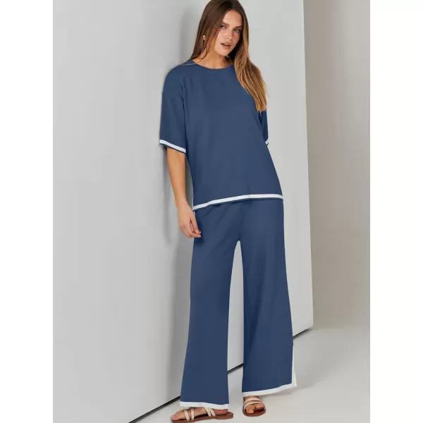 imageANRABESS Womens 2 Piece Outfits Lounge Sets Short Sleeve Pullover Sweater Sets Wide leg Loose Casual Comfy Pajama SetsNavy Blue