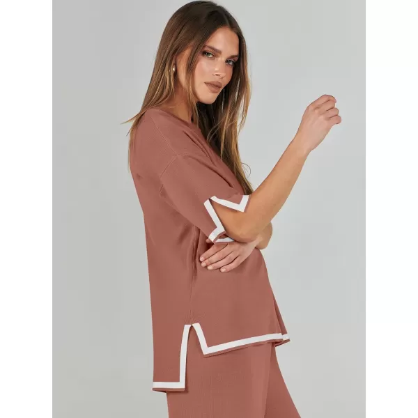 imageANRABESS Womens 2 Piece Outfits Lounge Sets Short Sleeve Pullover Sweater Sets Wide leg Loose Casual Comfy Pajama SetsRust